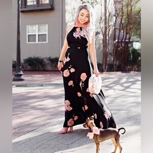 Reformation Black and Pink Floral One Shoulder Dress
